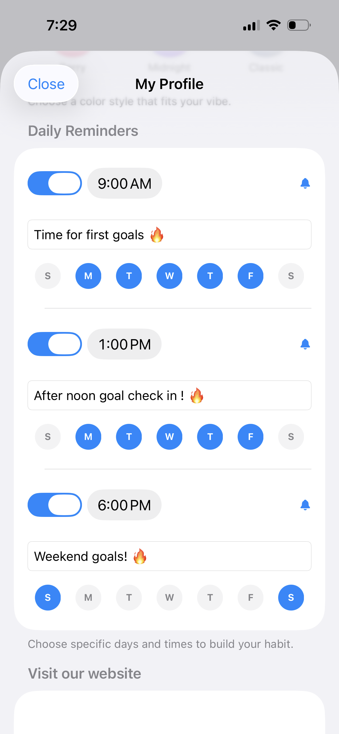 Daily Reminders Setup Screen