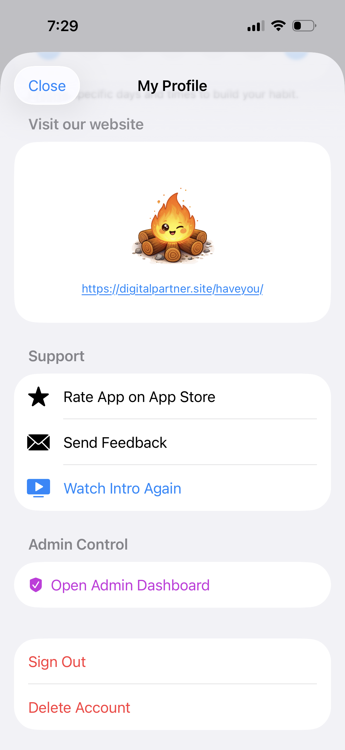 App Support and Info Screen