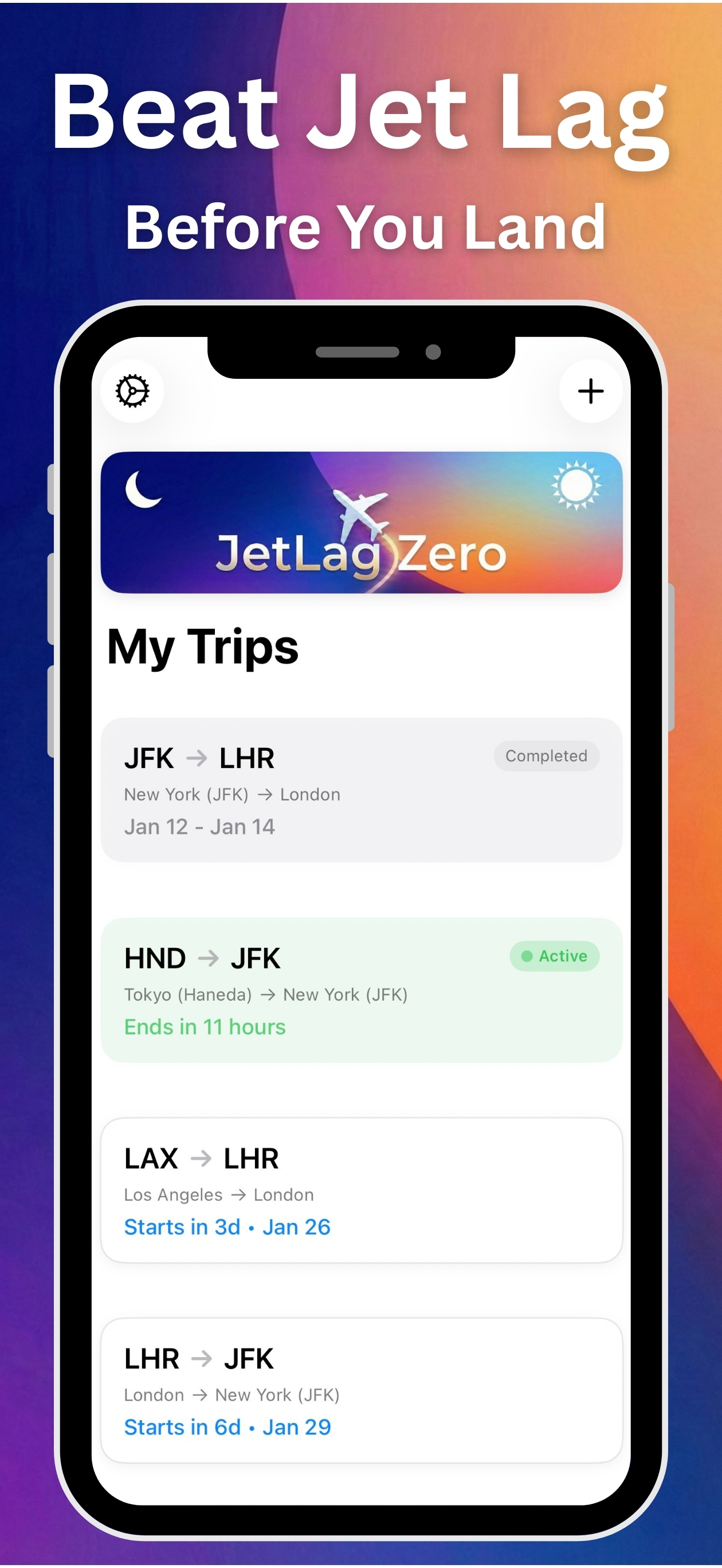 JetLagZero app interface showing custom flight plan and sleep schedule