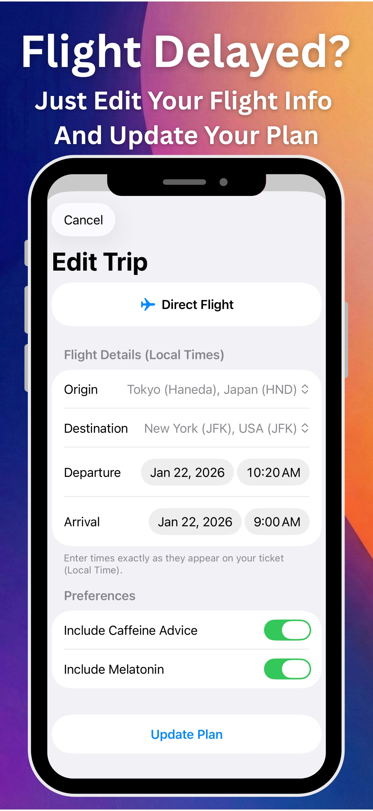 JetLagZero app custom flight plan and sleep schedule